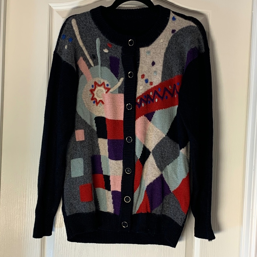 Vintage-Inspired Statement Cardigan | Black & Multicolor | Approx. Medium
